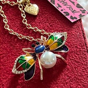 Betsey Johnson Rare Bee Necklace/Brooch Enameled/Pearl Embellished NWT
